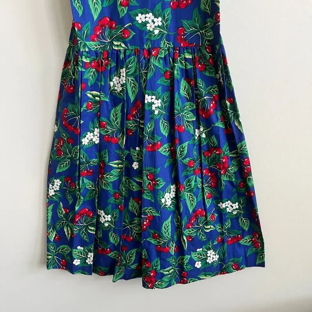 Vintage Just Ducky White Collar Fit Flare Dress Blue Cherry Print Sleeveless 14